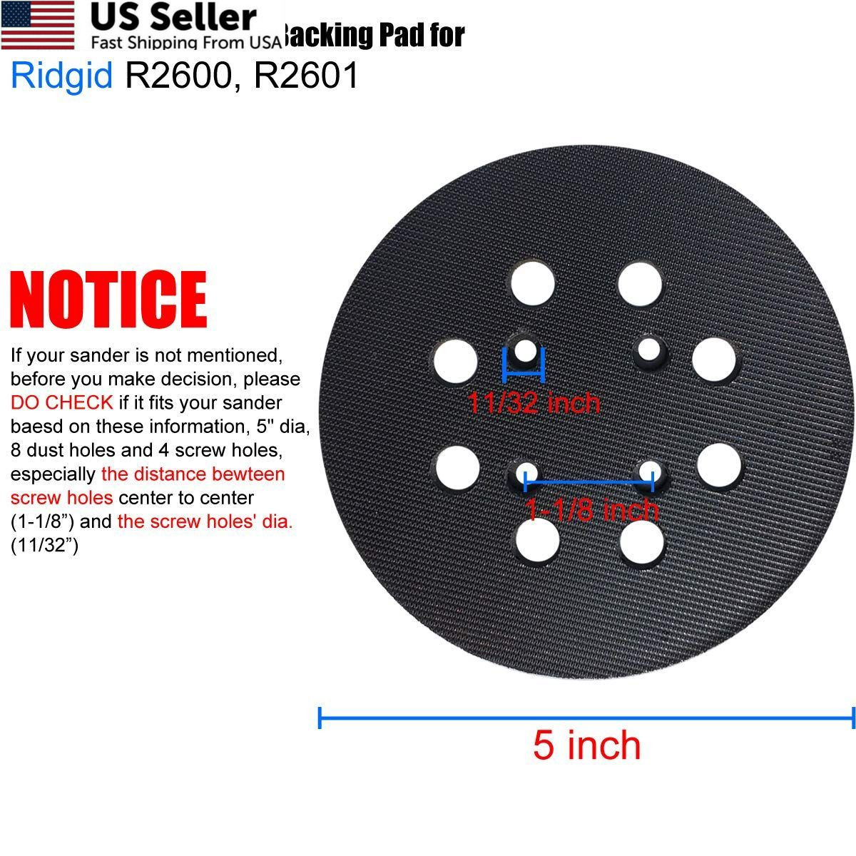 5″ Hook and Loop Sander Pad for Ridgid R2600, R2601 Random 5 Inches, Black