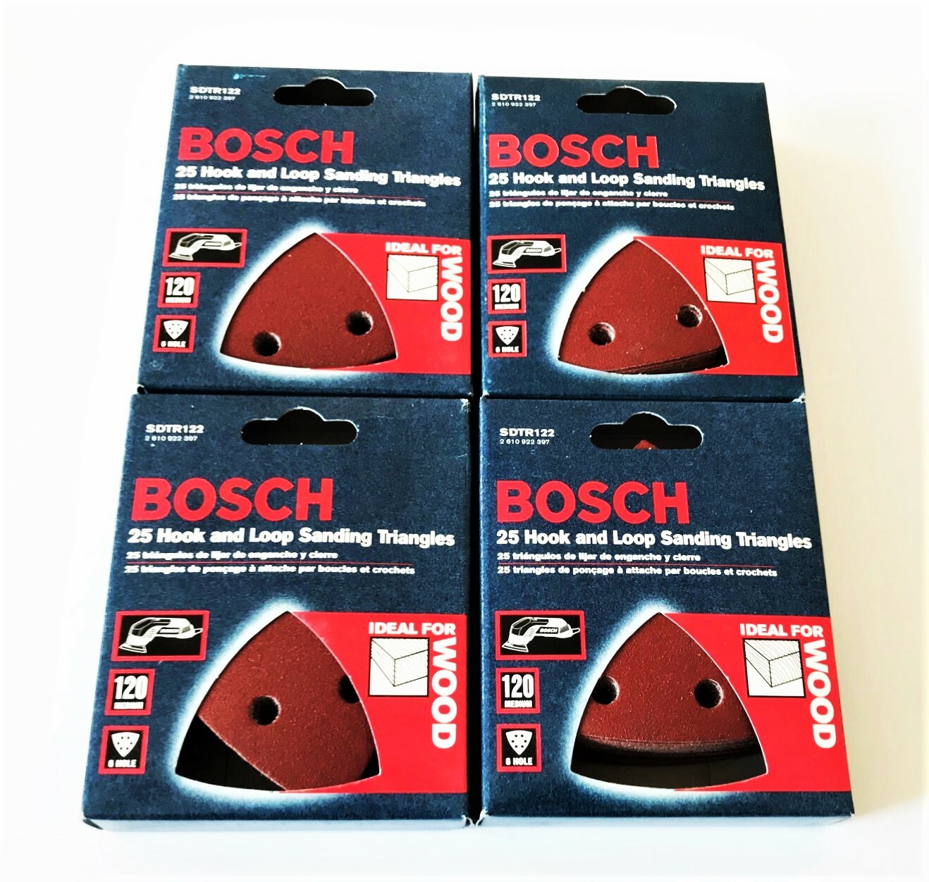 100 BOSCH HOOK AND LOOP SANDING TRIANGLES DISC 120 GRIT 6 HOLE ITALY SDTR122