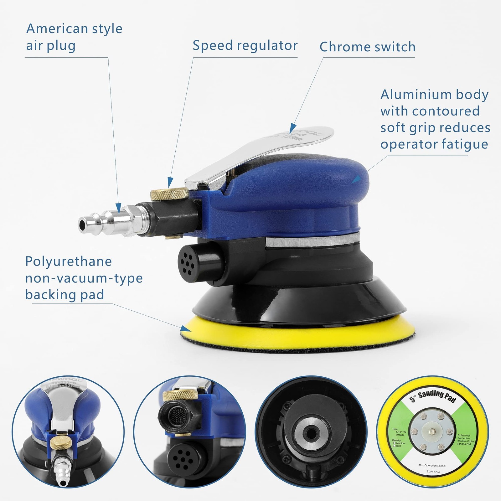 5 inch Air Random Orbital Sander for Auto Body Work, Pneumatic Palm Sander wi…