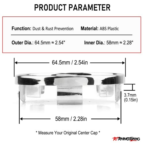 RT 4pcs 2.5in Wheel Center Caps OD: 64.5mm / 2.54″, ID: 58mm / 2.28″ Chrome