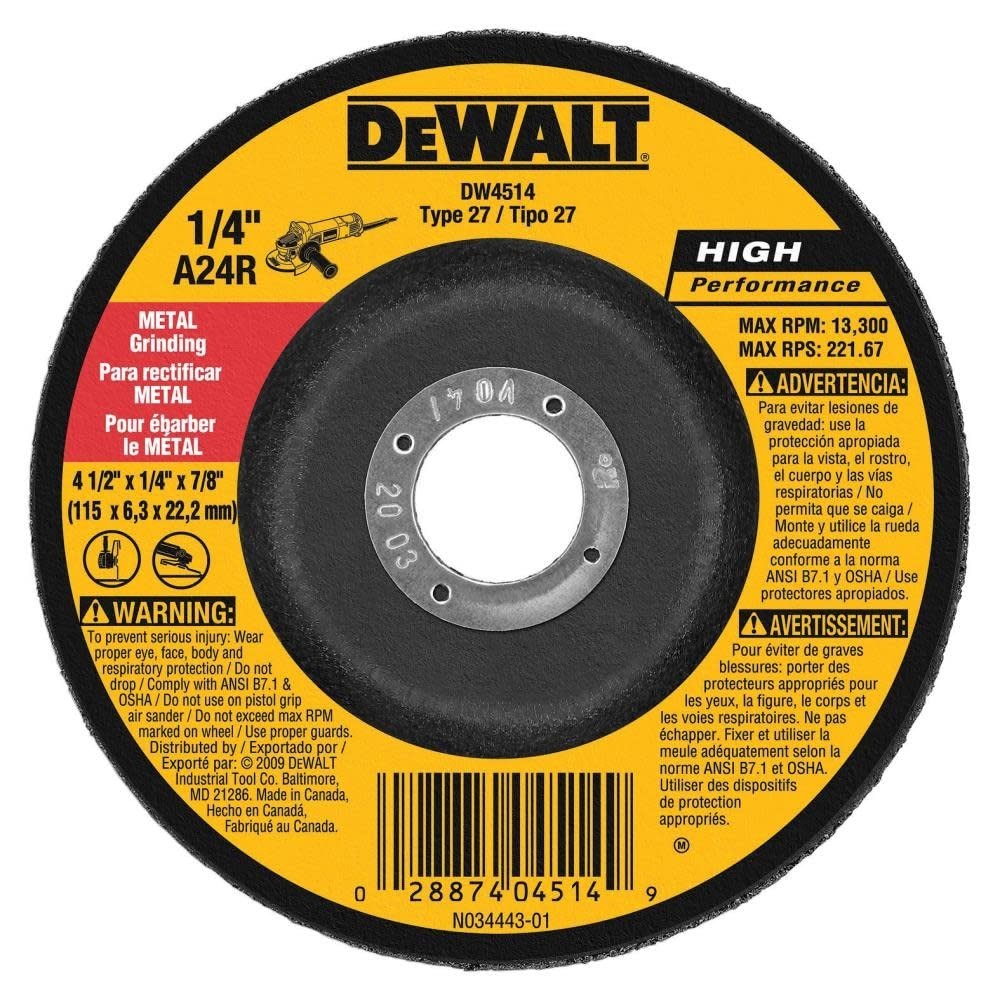 25-PK DEWALT DW4514 1/4″ Thick Grinding Wheel w/ 4-1/2″ Diameter and 7/8″ Arbor