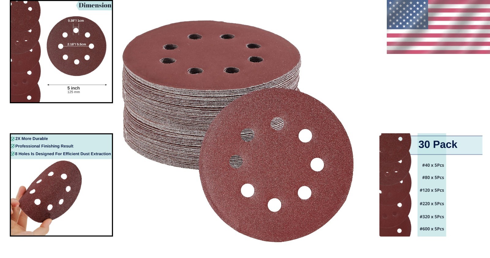 30 Pack 5 Inch Aluminum Oxide Sanding Discs – Perfect for Wood & Metal