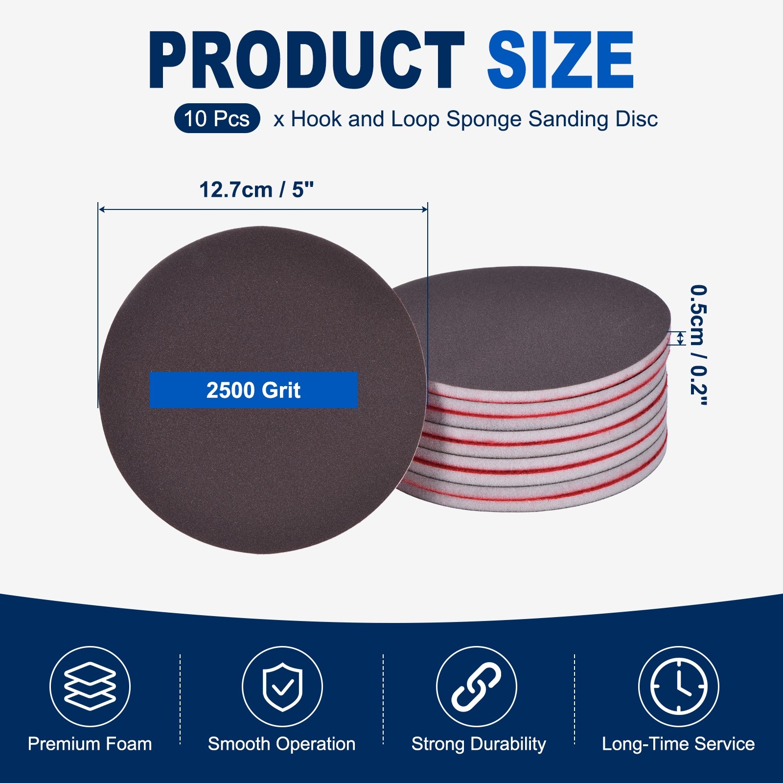 10 Pcs 2500 Grit 5 Inch Hook and Loop Sponge Sanding Disc for Sander, Black