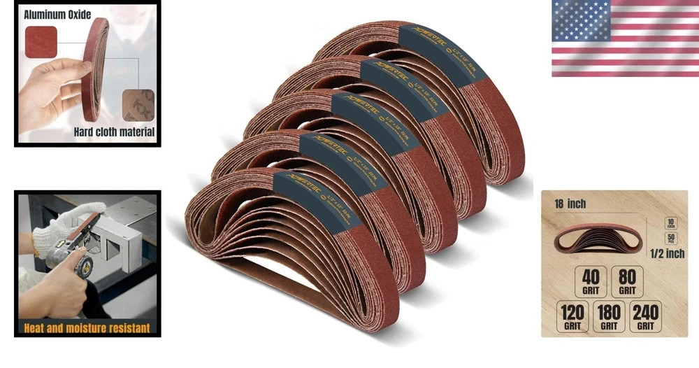 1/2 x 18 Inch Sanding Belts, 50PK, 10 each of 40/80/120/180/240 Grits, Alumin…