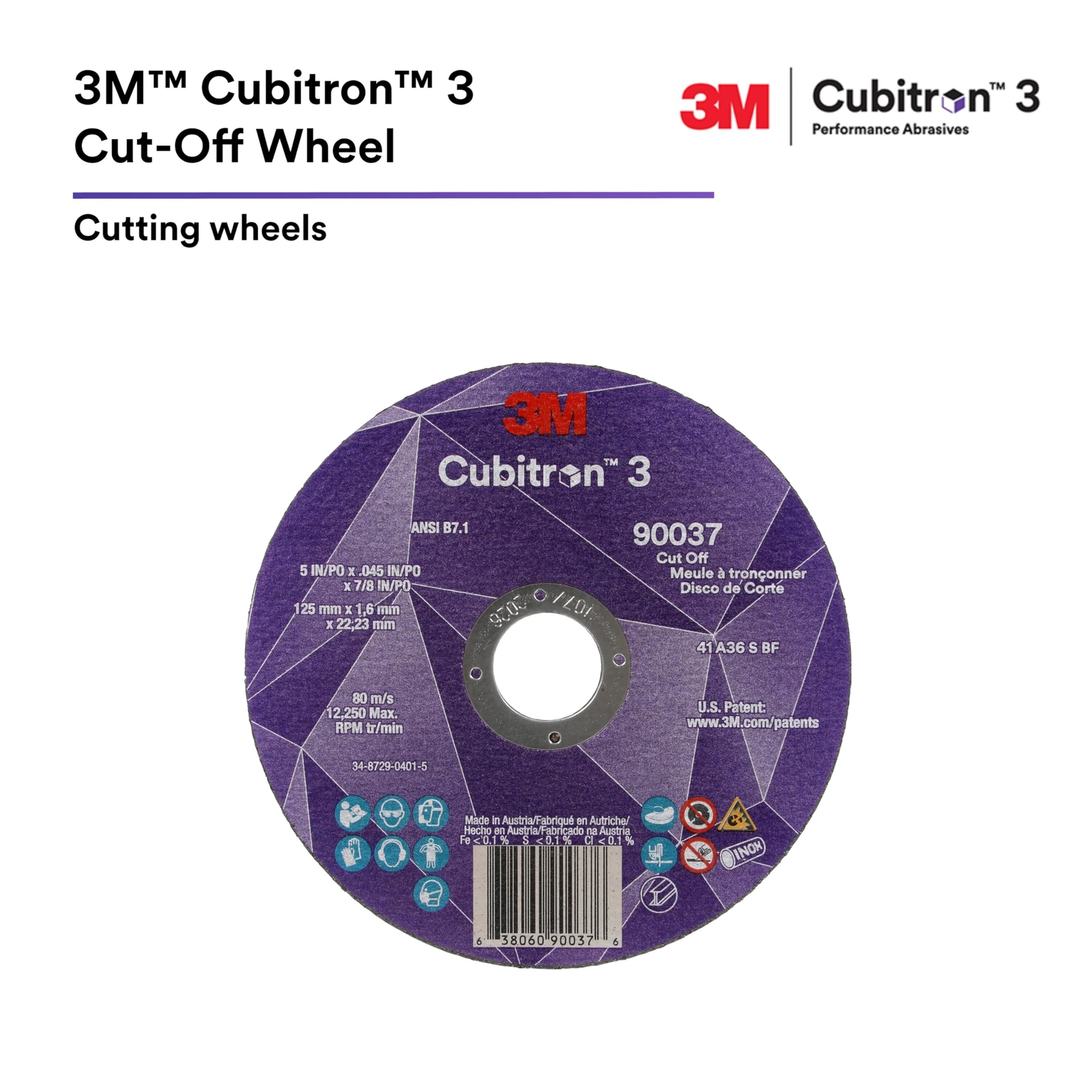 3M Cubitron 3 Cut-Off Wheel 90053 60+ T27 4-1/2 in 0.04 in 7/8 in 115 1