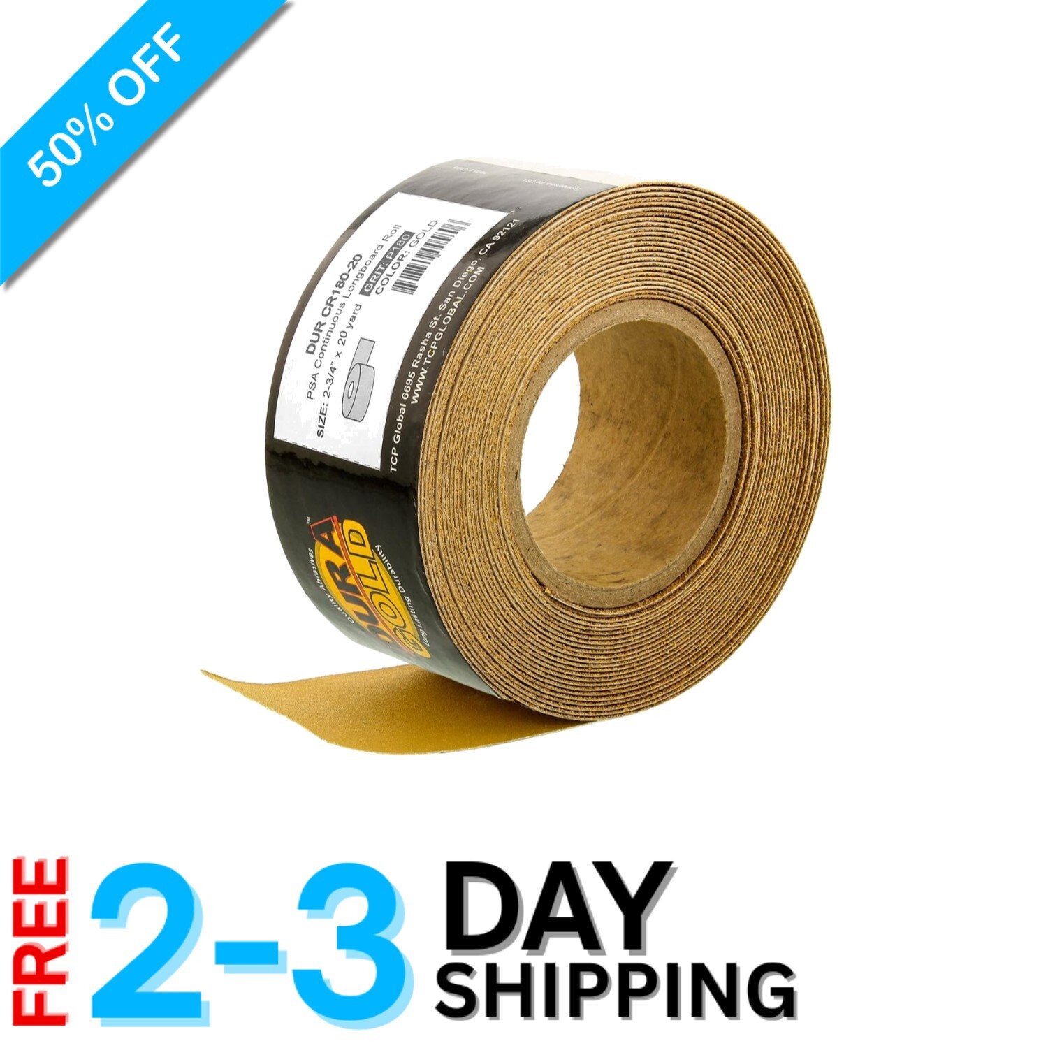 Gold 180 Grit PSA Sandpaper Roll: 20 Yards, Self-Adhesive for Wood & Auto