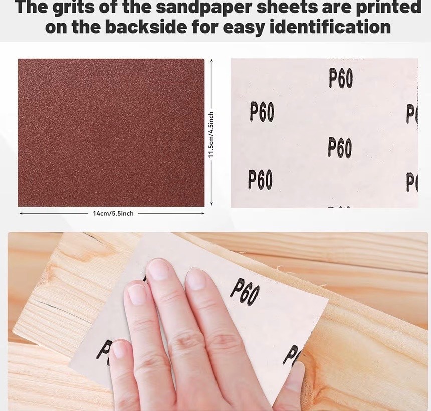 50 Pack 1/4 Sandpaper Sheet – 4-1/2” x 5-1/2”, P60 Grit, Red Aluminum Oxide, Pla