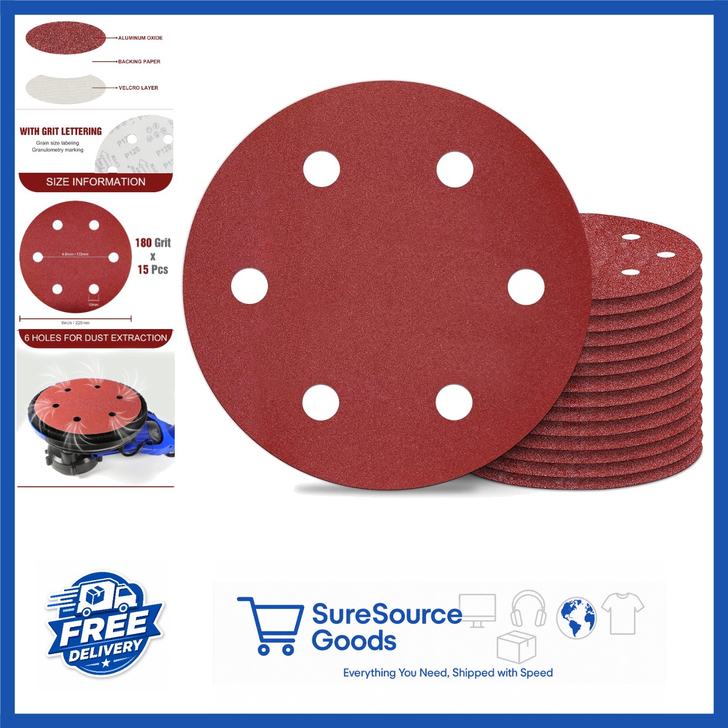 9 Inch 6 Hole Sanding Discs 180 Grit Aluminum Oxide for Drywall Sander 15PCS