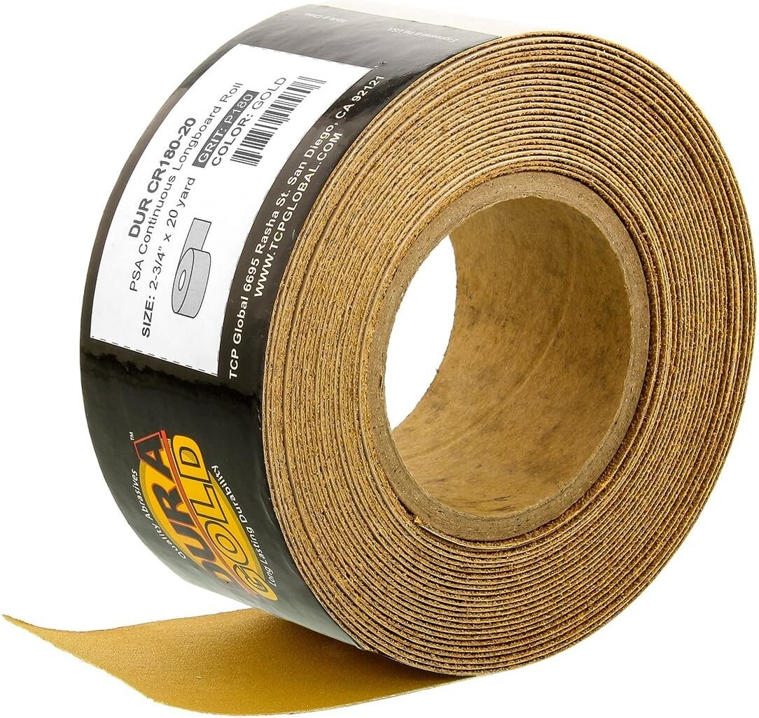Gold 180 Grit PSA Sandpaper Roll: 20 Yards, Self-Adhesive for Wood & Auto