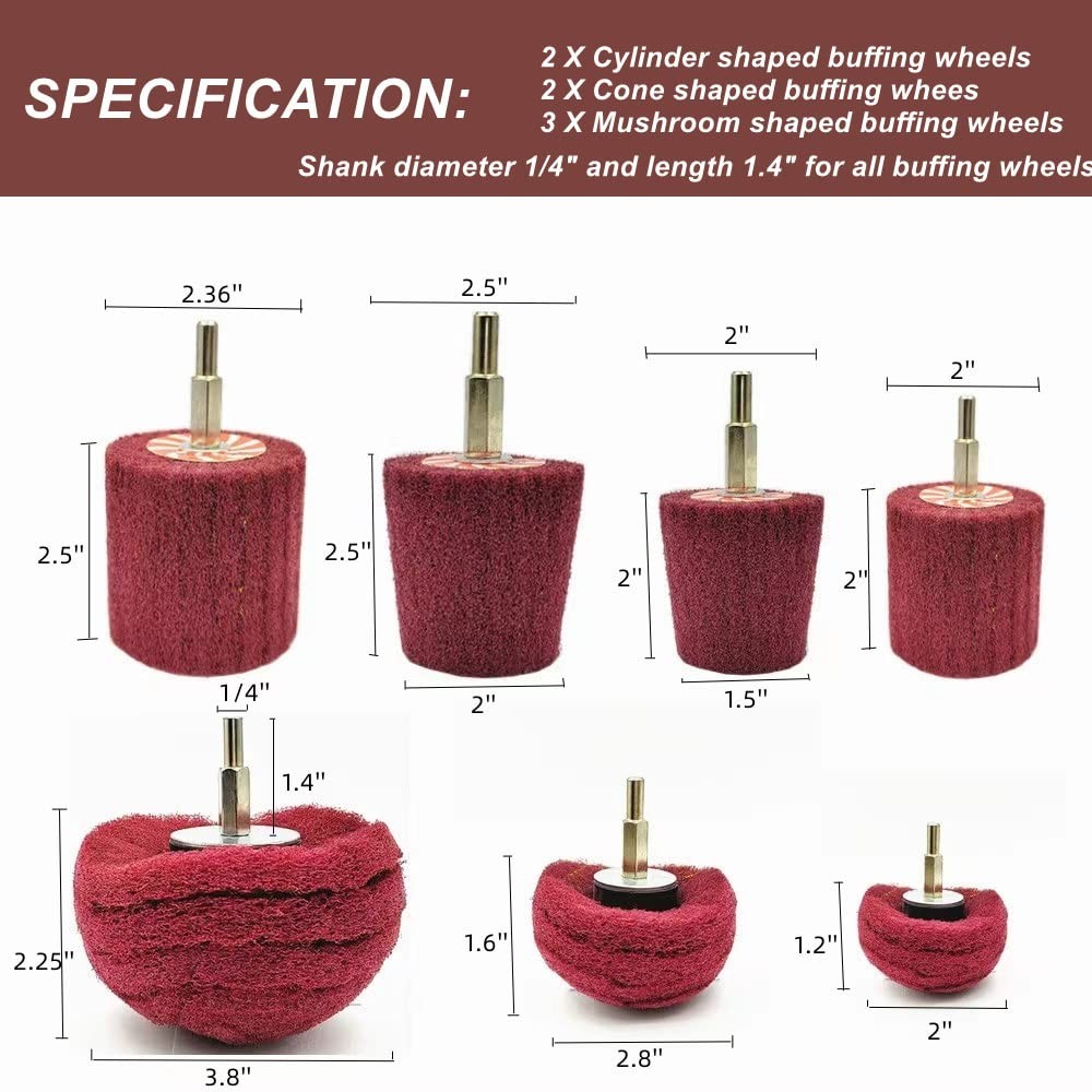 7-Pcs Mixed Set Non Woven Abrasive Buffing Wheels,1/4″ Shank Drill for Polishing