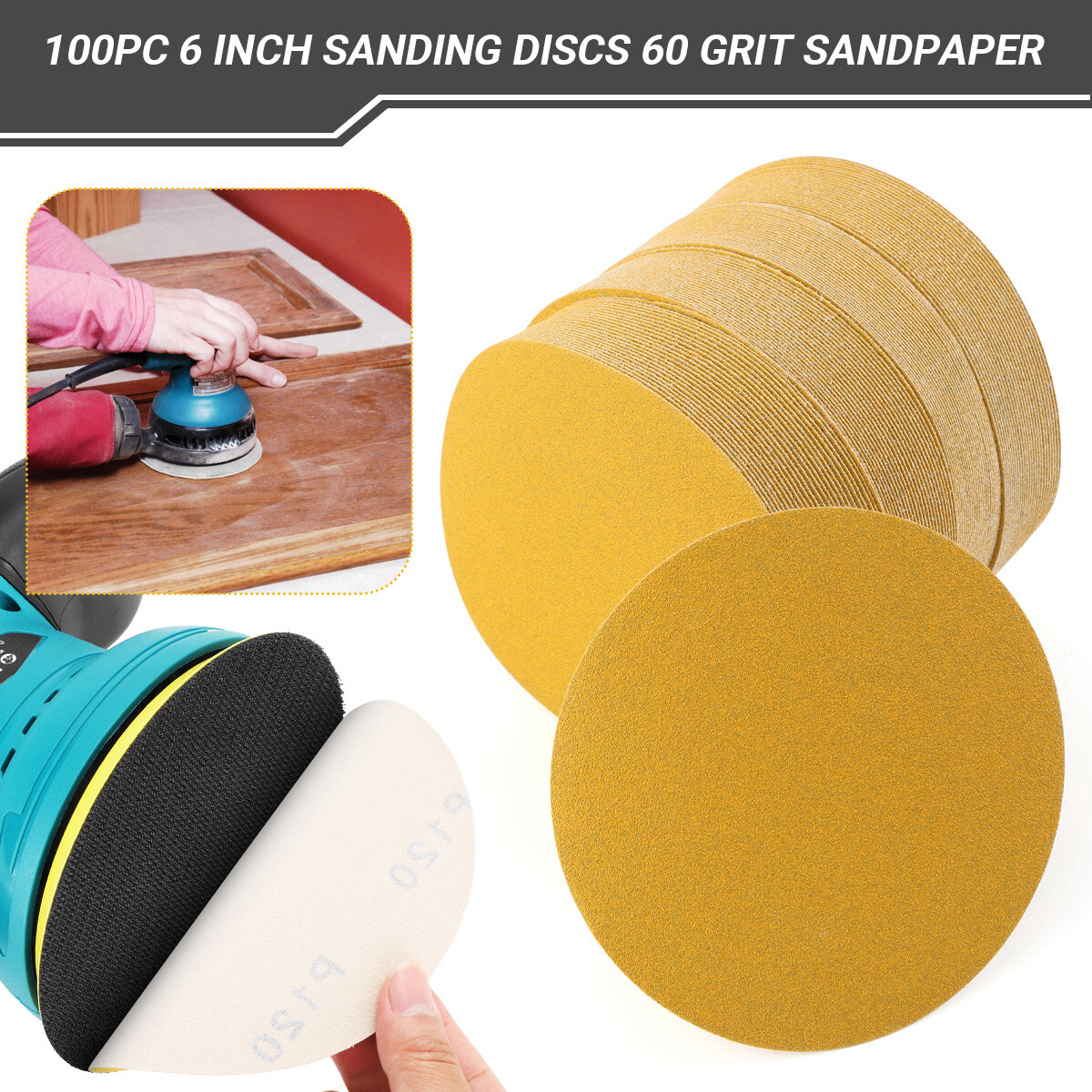 6″ Inch 60-800 Grit 100-PACK DA Sanding Disc PSA Sandpaper