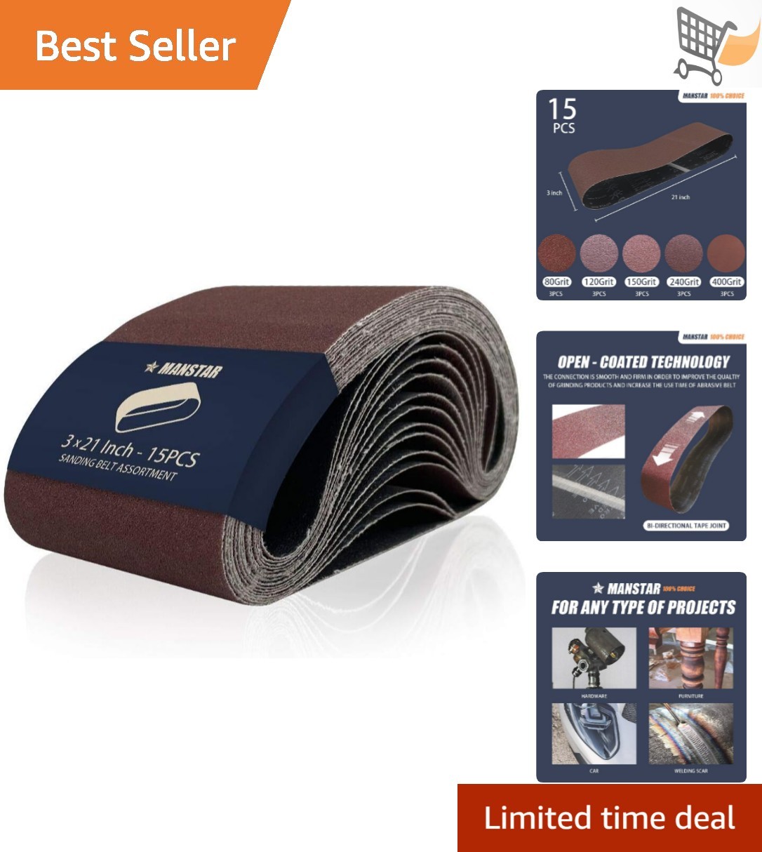 15 pcs Sanding Belts Aluminum Oxide 3×21 In Grits for Wood Metal Glass