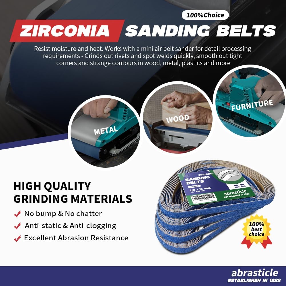 Zirconia Sanding Belts 1/2 x 18 Inch 36 PCS 40 Grit for Metal Polishing