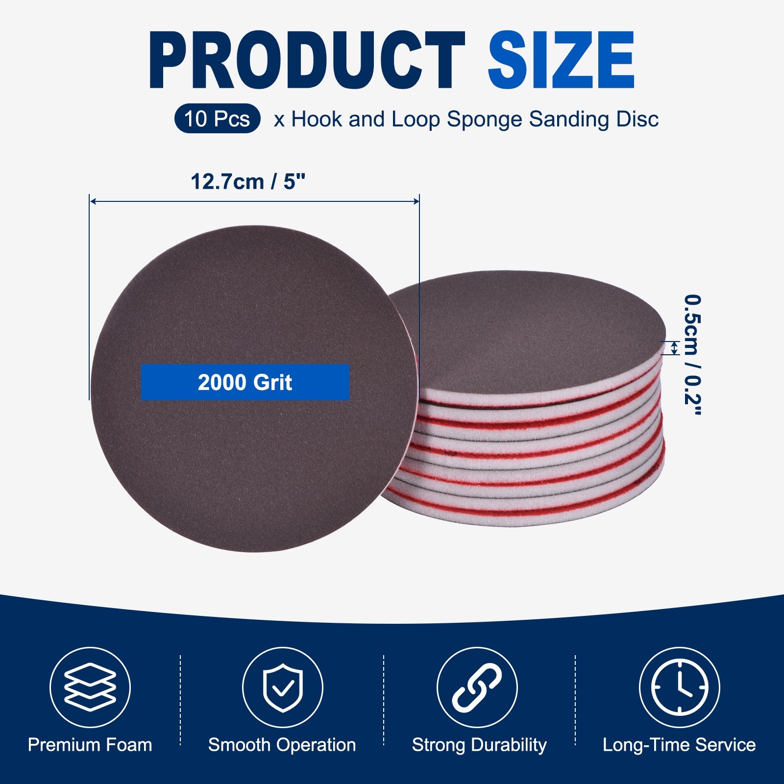 10 Pcs 2000 Grit 5 Inch Hook and Loop Sponge Sanding Disc for Sander, Black