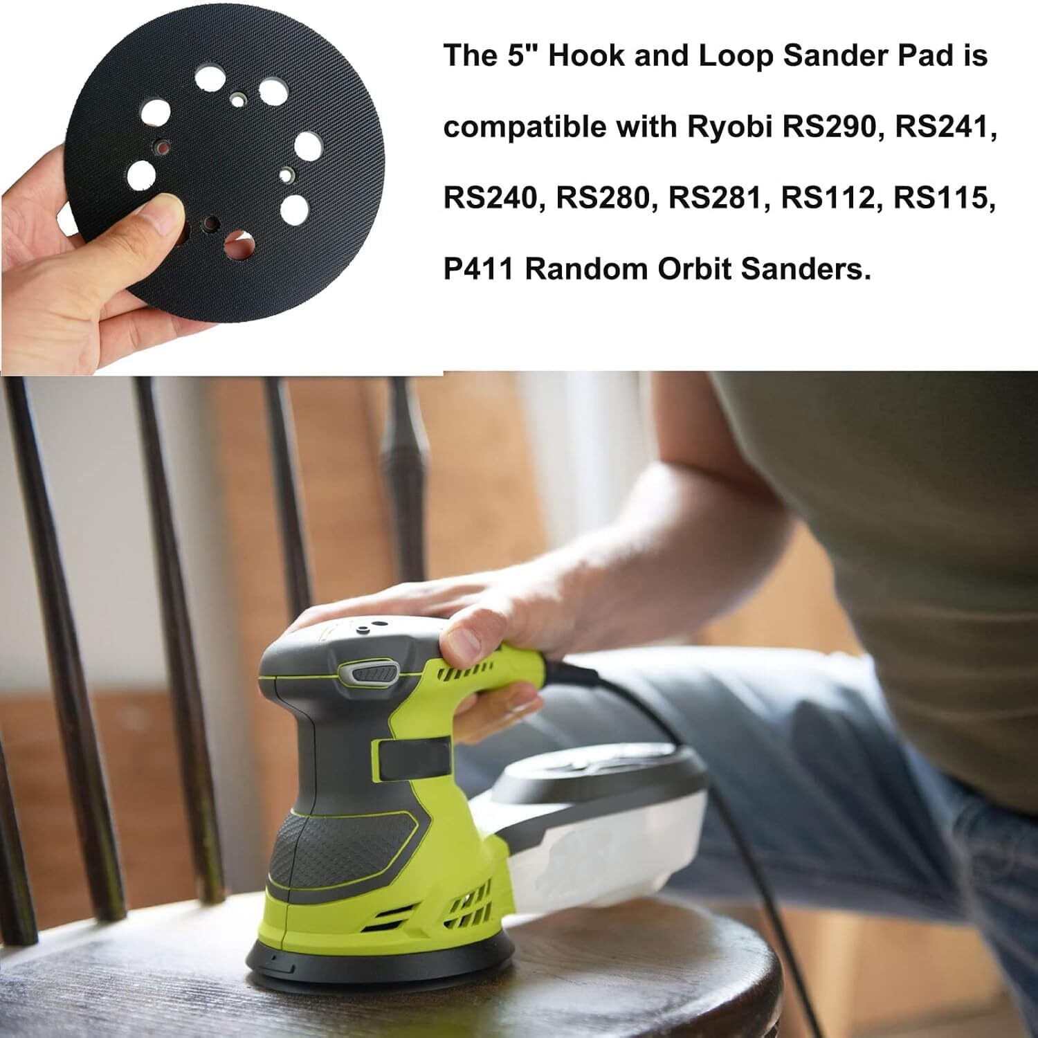 2 Pack 5 Inch 8 Hole Hook-and-Loop Orbital Sander Pad for Ryobi RS290, RS240,