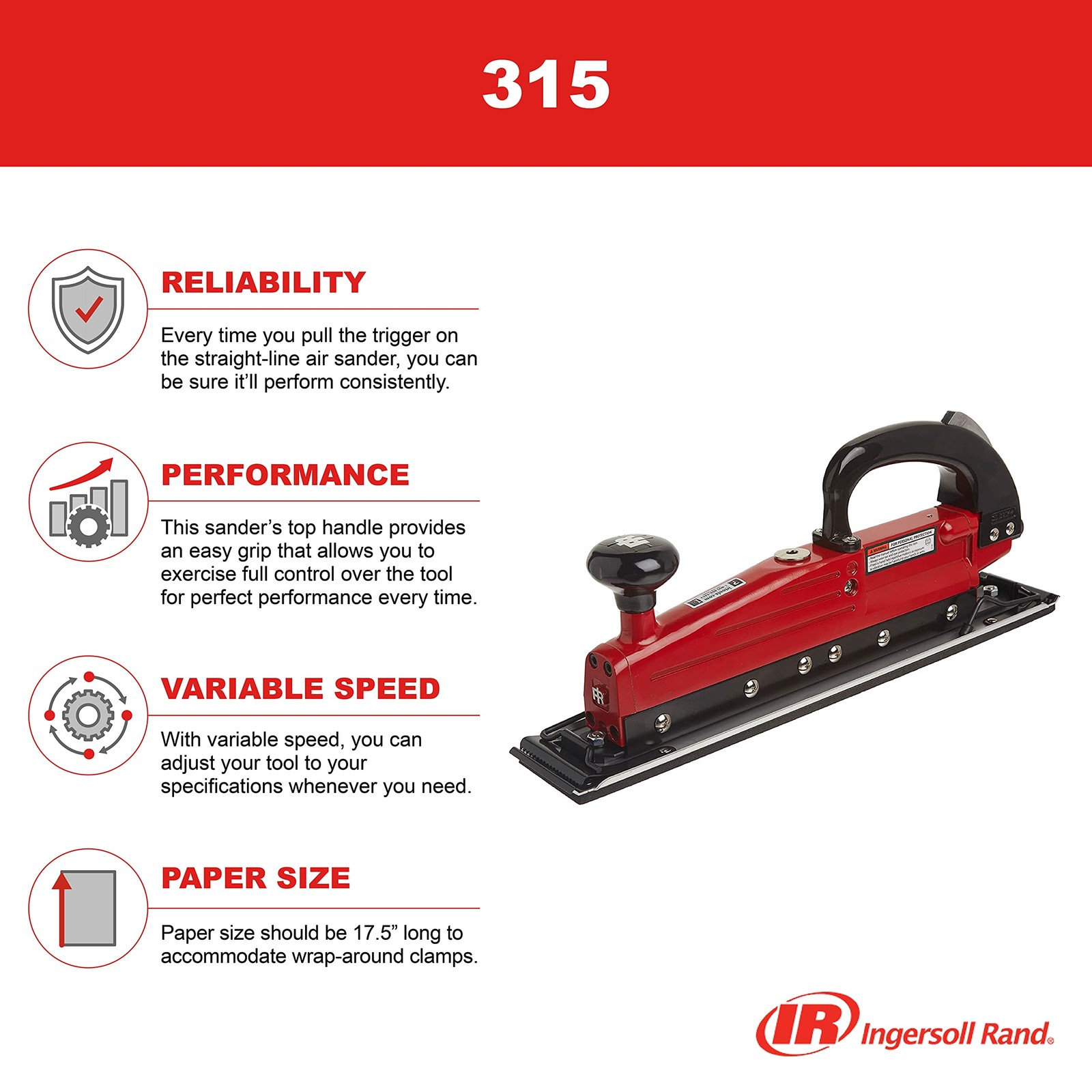 Ingersoll Rand 315 Straight-Line Air Sander, 2.75″ x 17.5″ Pad, One Size, Red