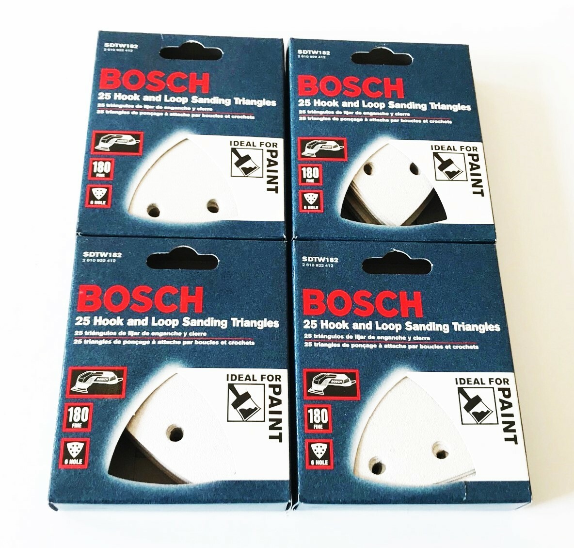100 BOSCH HOOK AND LOOP SANDING TRIANGLES DISCS 180 GRIT 6 HOLE ITALY SDTW182