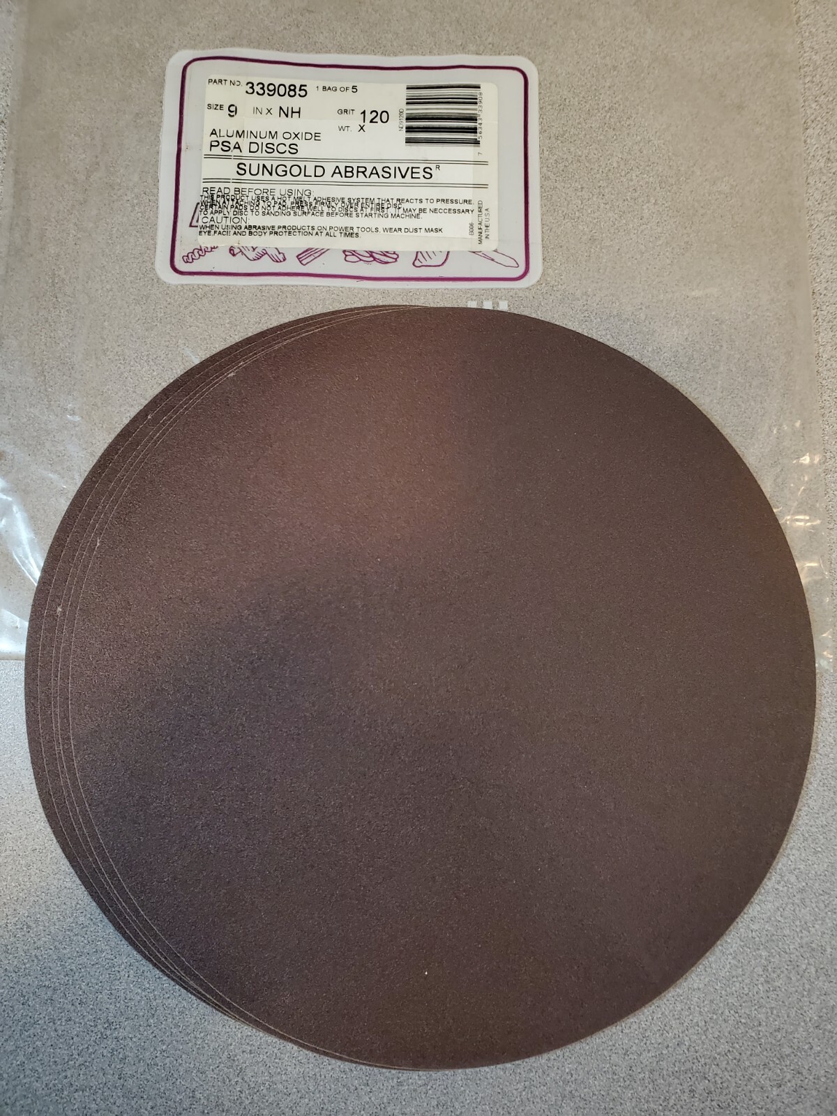 5 Sungold Abrasives 339085 PSA Sanding Discs, Aluminum Oxide, 9 in, 120 grit