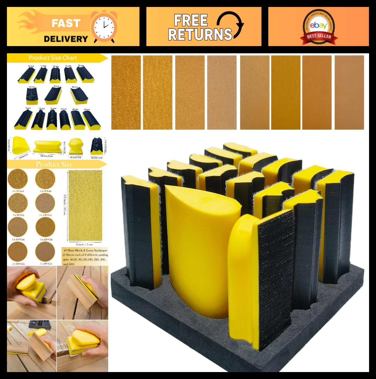56 PCS Hand Sanding Block Set – 16 Contoured Profile Sanders + 40 Sandpaper Shee