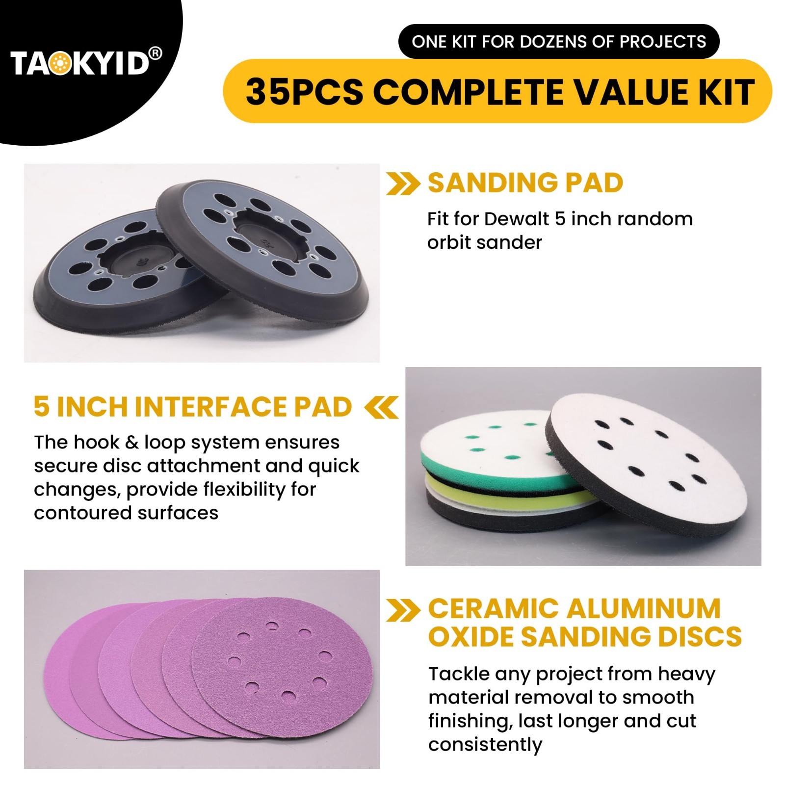 5″ Sander Pad Compatible with Random Orbit Sanders, 4 Foam Pads & 30 Ceramic Dis