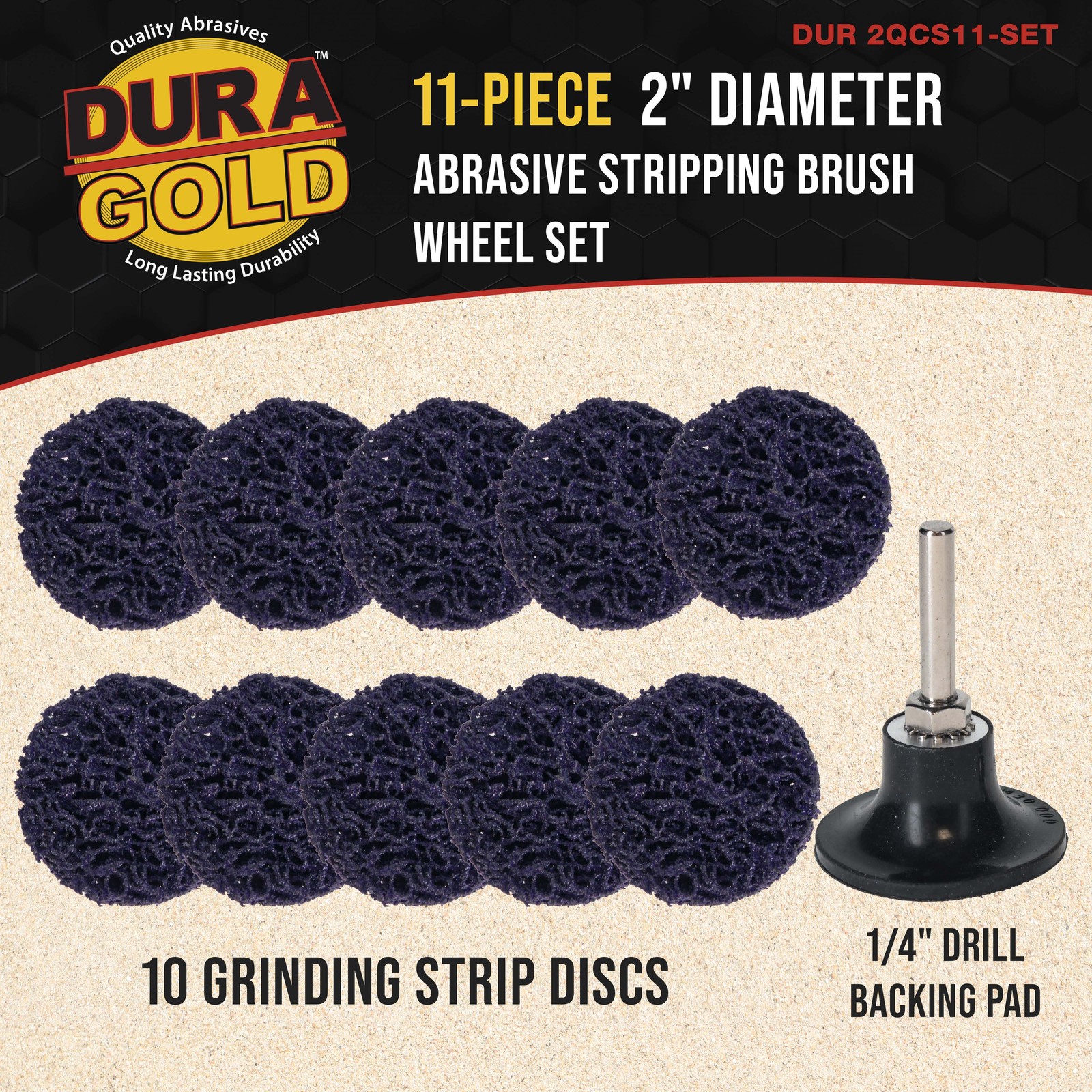 Dura-Gold 11 pc 2″ Diameter Abrasive Stripping Brush Wheel Set with Backing Pad