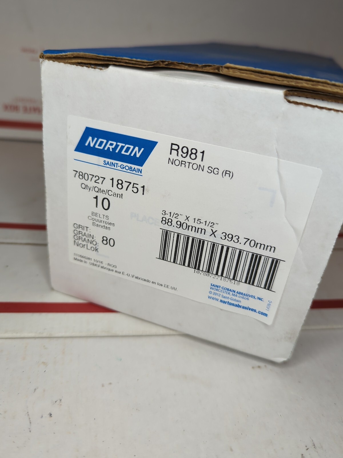 Norton 78072718751 3-1/2×15-1/2” SG R981 CA Portable In-Line Belts 80 Grit 10 pk