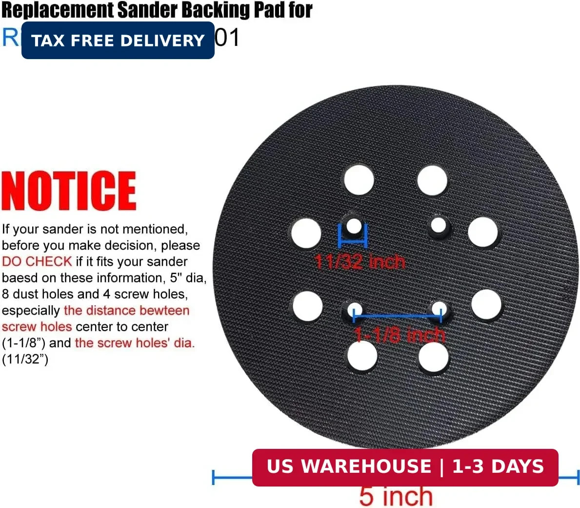 2 Pack 5 Inch 8 Hole Hook and Loop Sander Pad for Ridgid R2600, R2601 5″ Random.