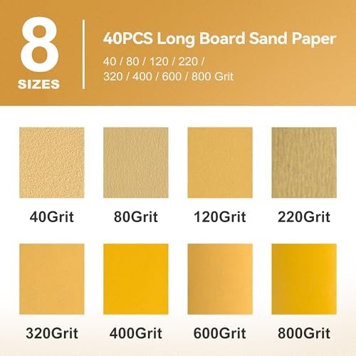 40 PCS Premium Assorted Grit Gold PSA Longboard Sandpaper Sheets 2-3/4″ x 16-…