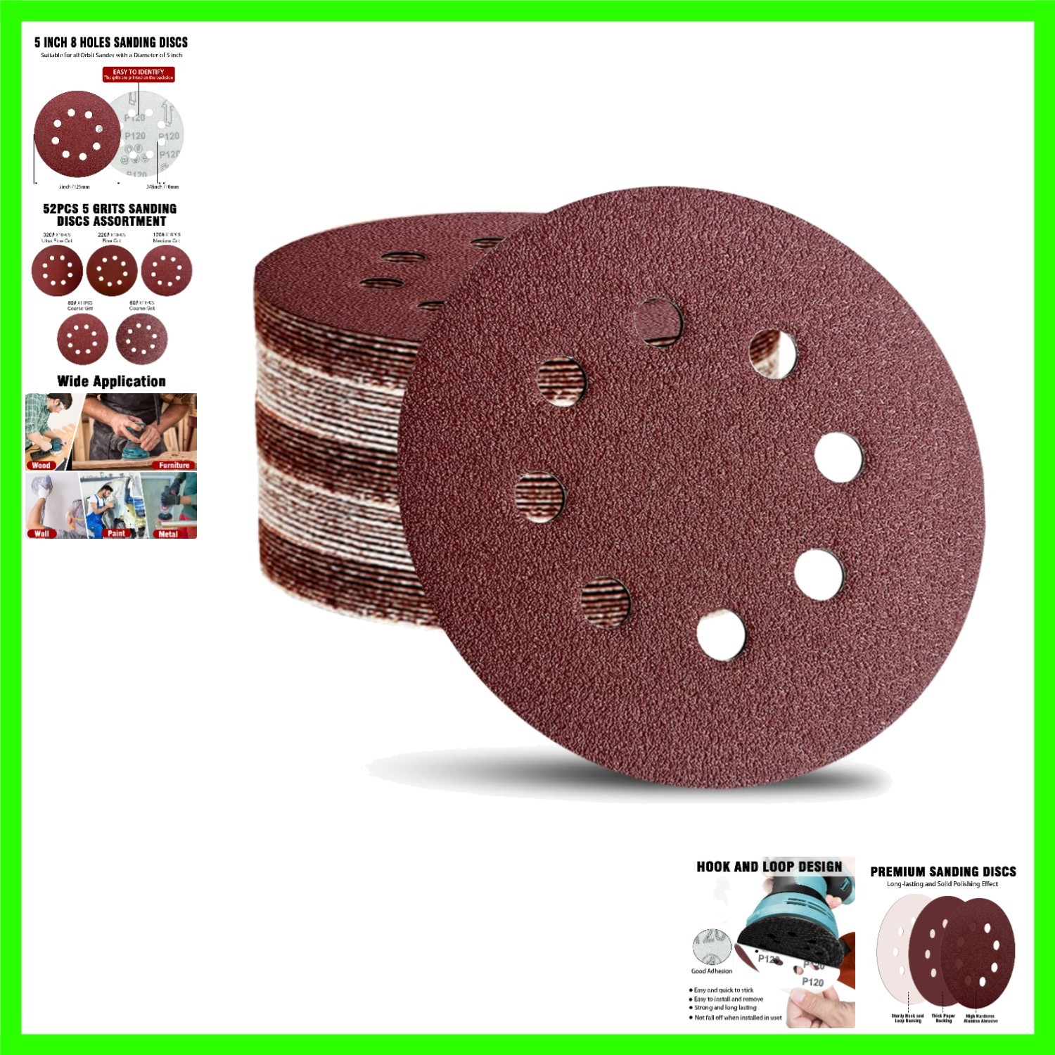 52 Pack 5 Inch 8-Hole Hook and Loop Sanding Discs Sandpaper Red Round 60 80 1…