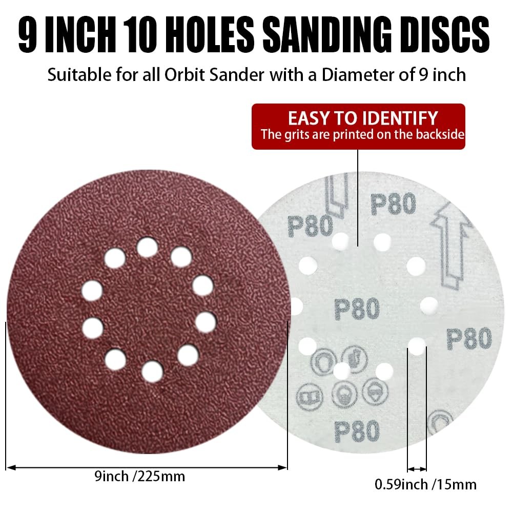9 Inch 10 Hole Sanding Discs for Drywall Sander – 12 Pack of 80 9 x 9 inches