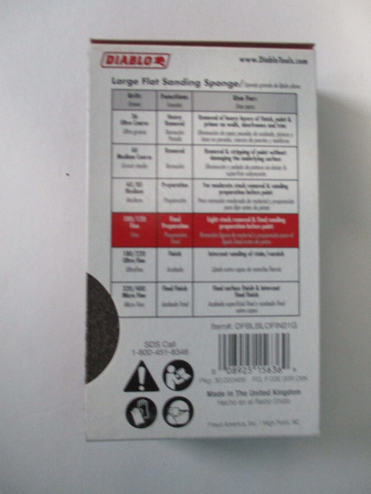 Diablo Large Flat Sanding Sponge Fine 100 Grit New 5″x3″x1″ New 1 Sponge