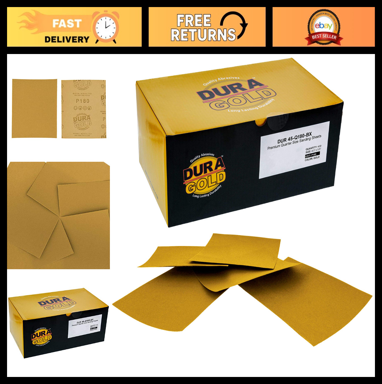 Premium 180 Grit Sandpaper Sheets, 1/4 Size, 400 Pack – Woodworking, Automotive,