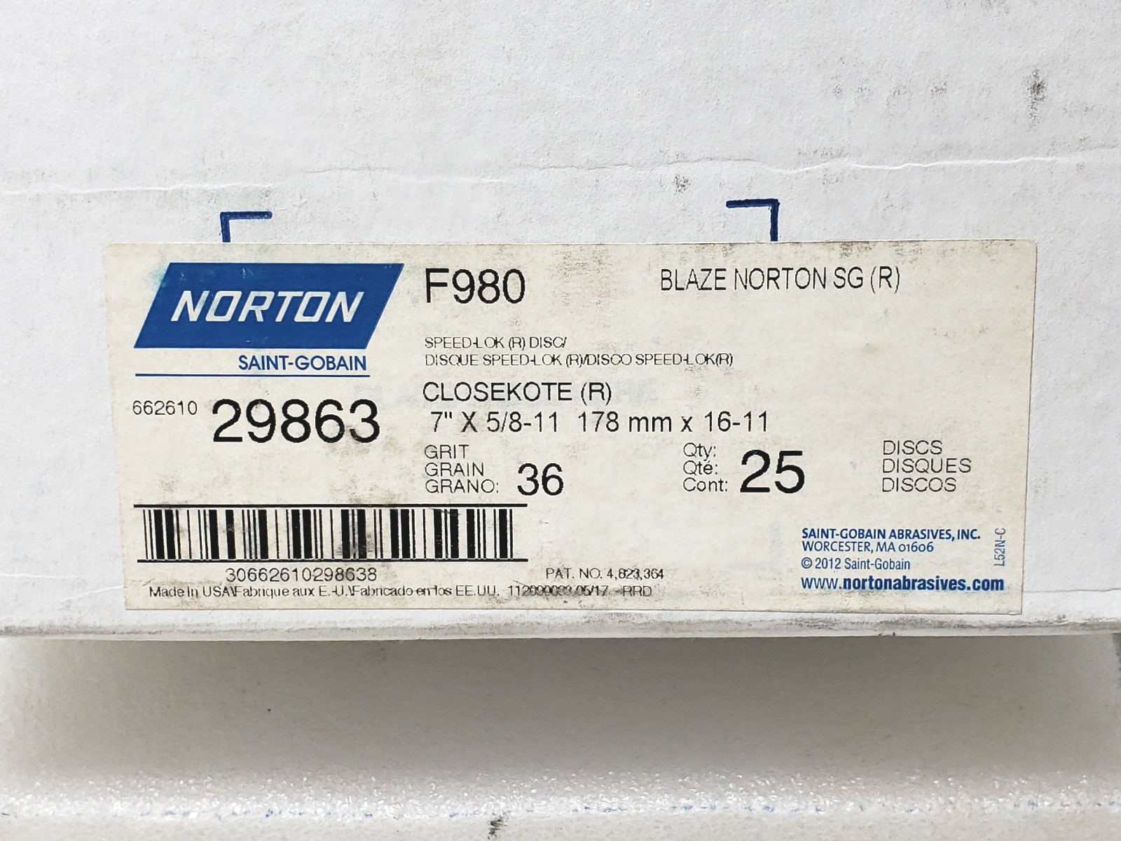 25 Pcs Norton 7 x 5/8-11 36 Grit Norton SG Blaze Speed Change F980 Fiber Discs