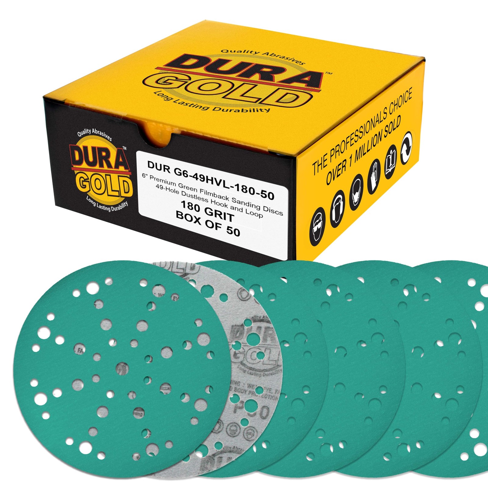 Dura-Gold Premium 180 Grit 6″ Green Film Sanding Discs, 6 inches,