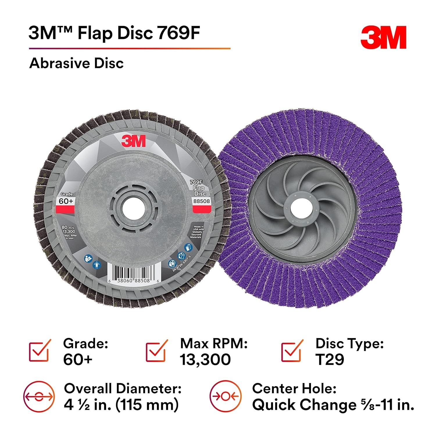 3M 7100243874 Flap Disc 769F 60+ T29 Quick Change 4-1/2″ x 5/8-11 10 Pack