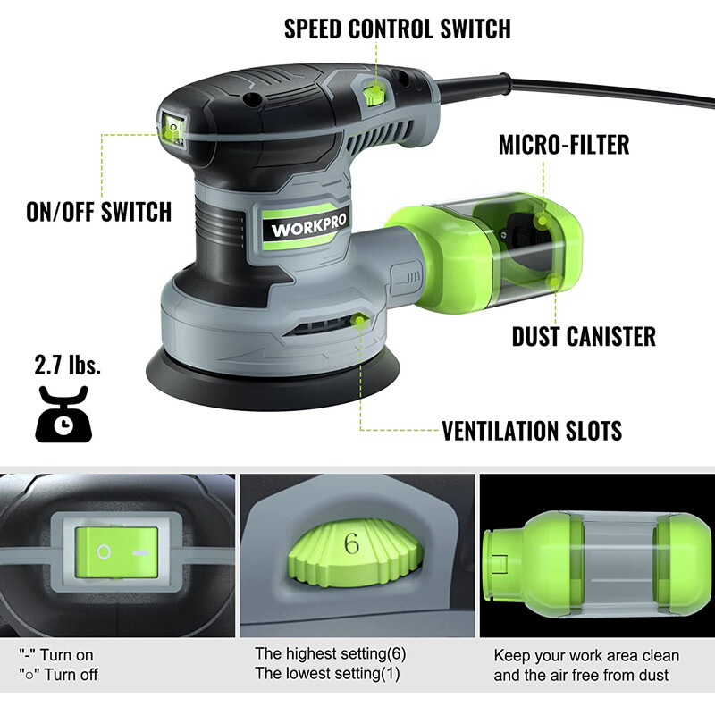 WORKPRO 5″ Random Orbit Sander 2.5Amp 7000 to 14000 RPM 6 Variable Speeds Sander