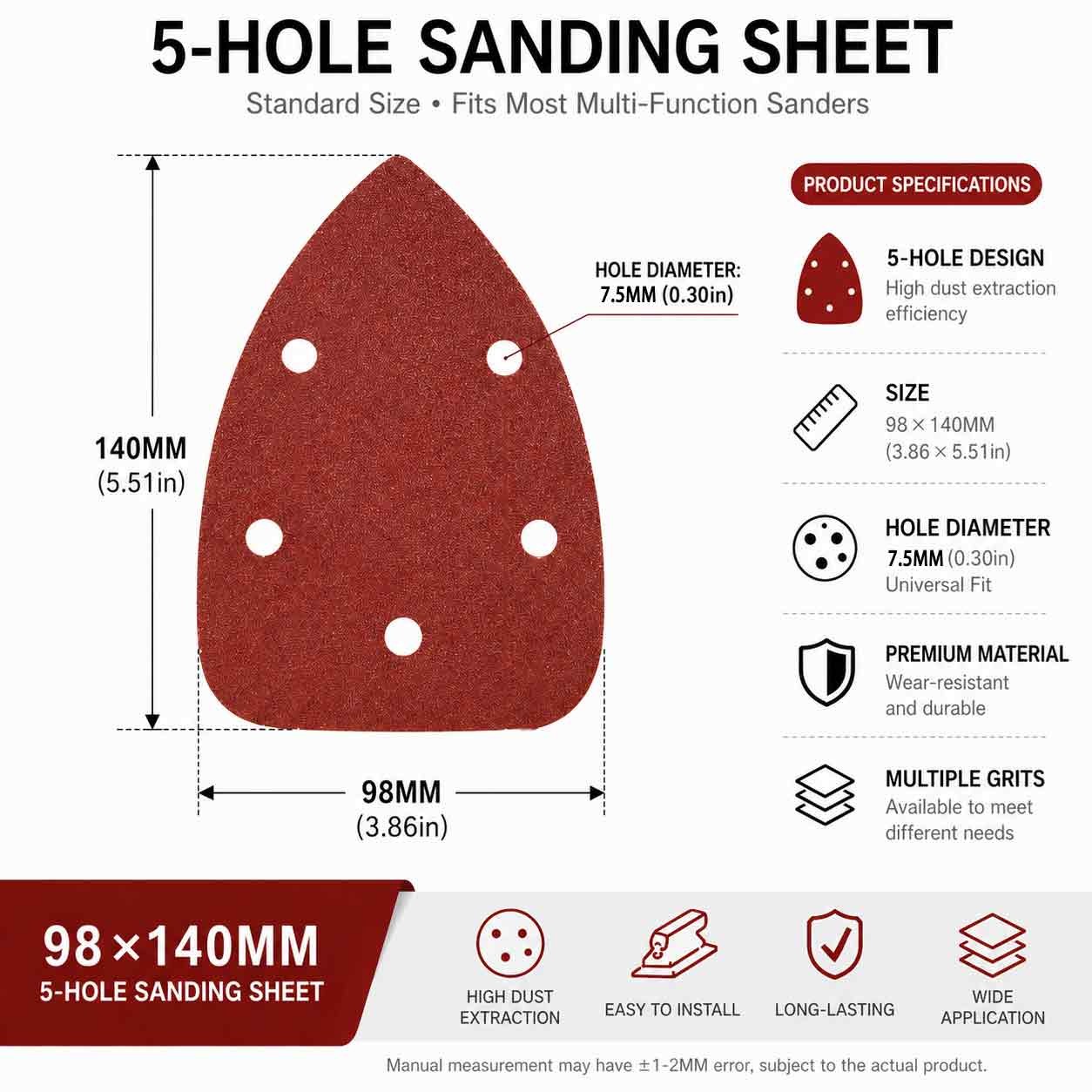 5 Hole Sanding Sheets Triangle Mouse Detail Sander Pads Sandpaper 40-2000 Grit