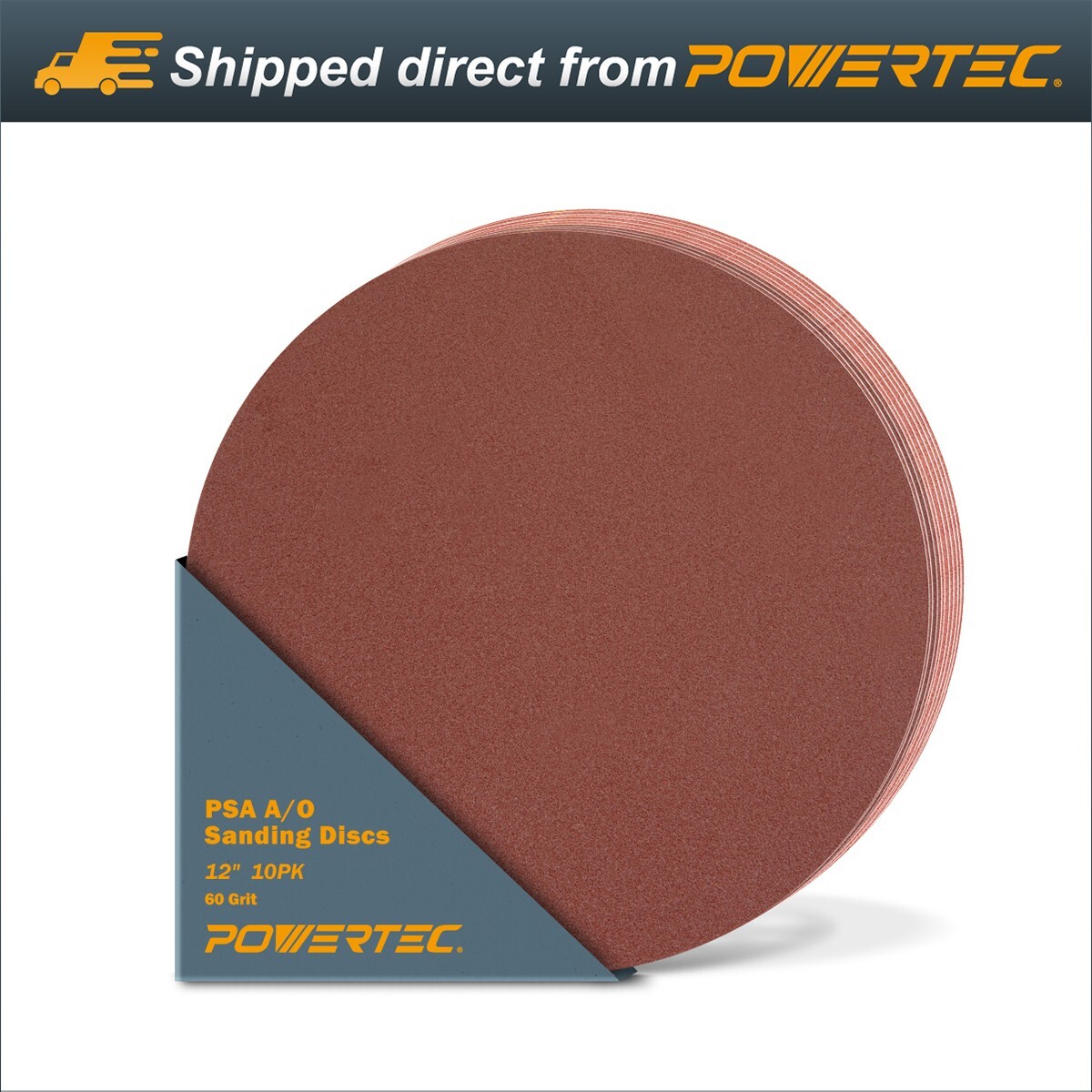POWERTEC 12″ PSA 60 Grit Aluminum Oxide Adhesive Sanding Disc, 10pcs (110380)