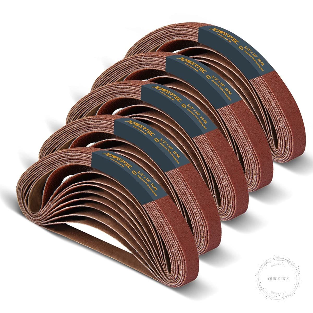 1/2 x 18 Inch Sanding Belts, 50PK, 10 each of 40/80/120/180/240 Grits, Aluminum