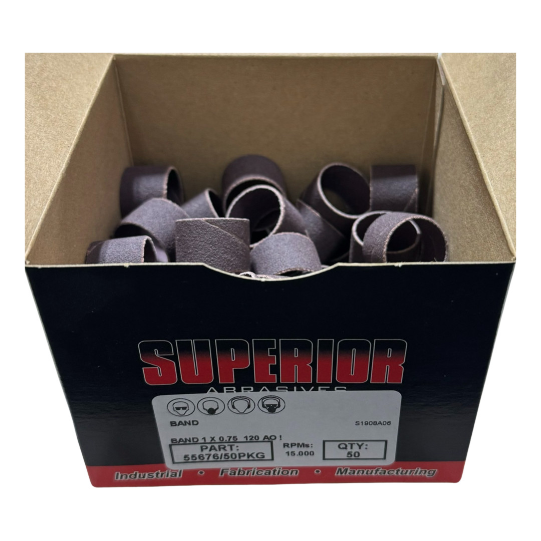 Superior Abrasives 1″ x 3/4″ Spiral Band 120 Grit Aluminum Oxide 50 Pack