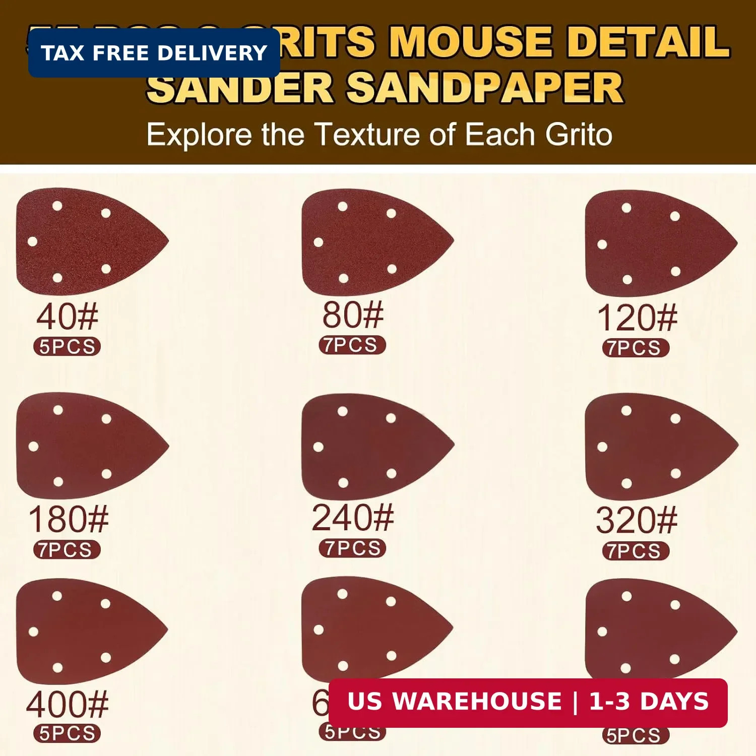55Pcs Mouse Detail Sander Sandpaper Premium Triangle Sanding Pads 9 Grits 40-800