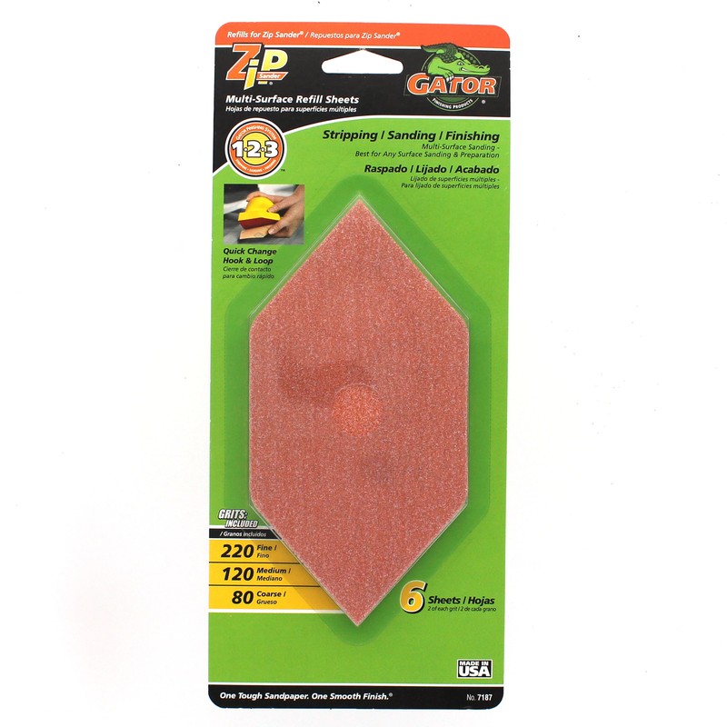 Gator Zip Sander 6in. LX3in. W 80/120/220 Grit Aluminum Oxide Sanding Sheet 6pk