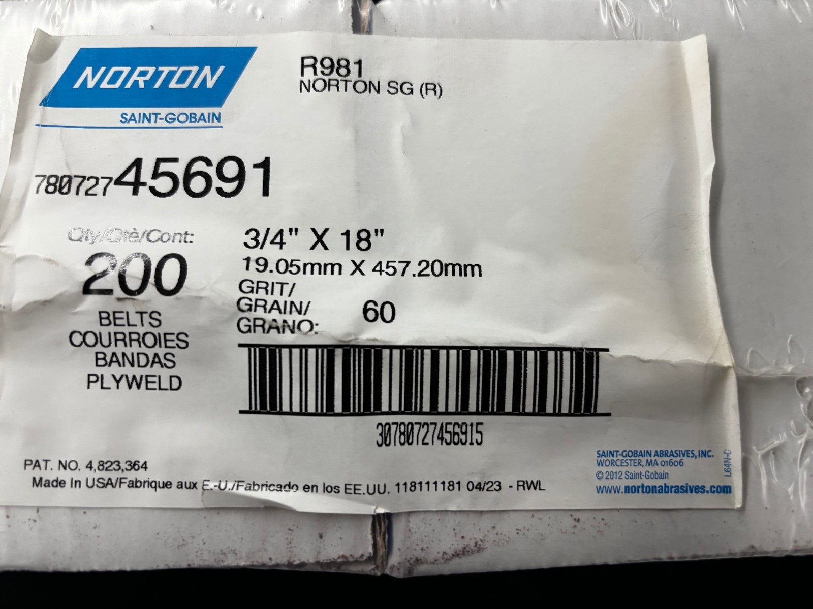 Norton 78072745691 3/4×18” SG R981 Coated CA Cloth File Belts 60 Grit 50 pk