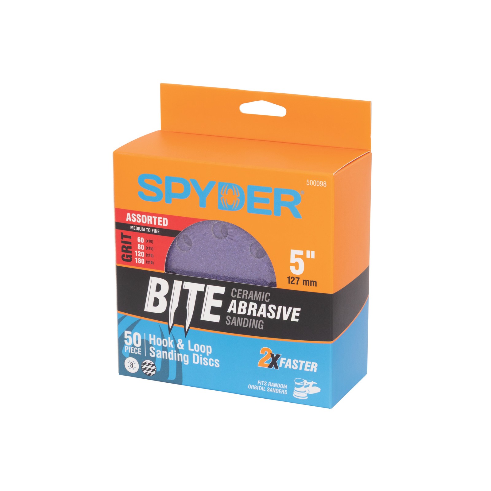 Spyder 50pc 5 in. 8-Hole Sanding Discs with Hook and Loop Assorted Grits 500098