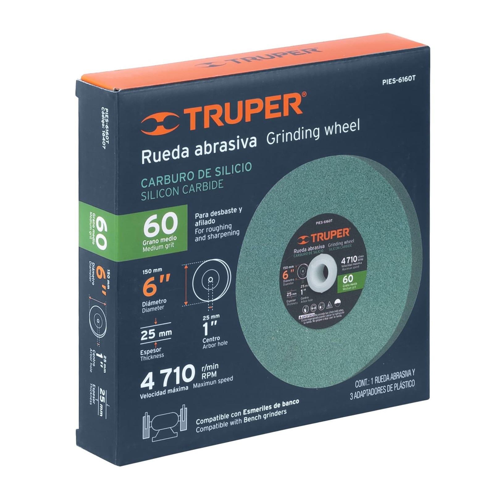 Truper Silicon Carbide Grinding Wheel for Grinder, 6-Inch OD x 6 inches