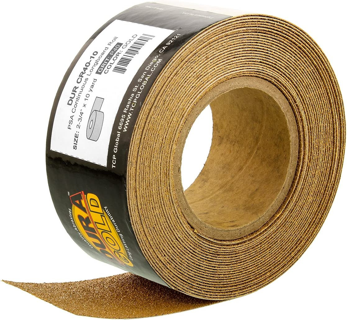 Premium Gold 40 Grit PSA Longboard Sandpaper, 10 Yard Roll, 2-3/4″ Wide, Self Ad