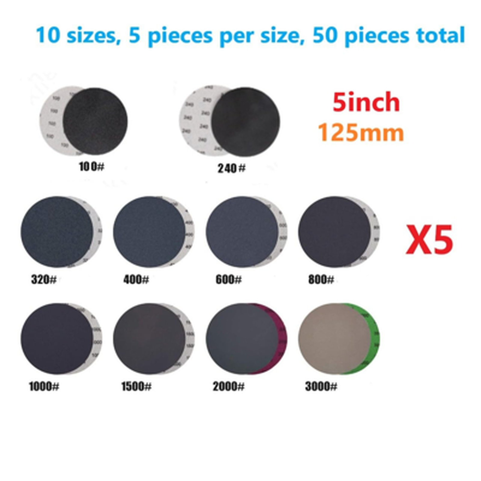 Wet Dry Sanding Discs 50 Pack 125mm Grits 100 240 320 400 600 800 1000 1500 2000