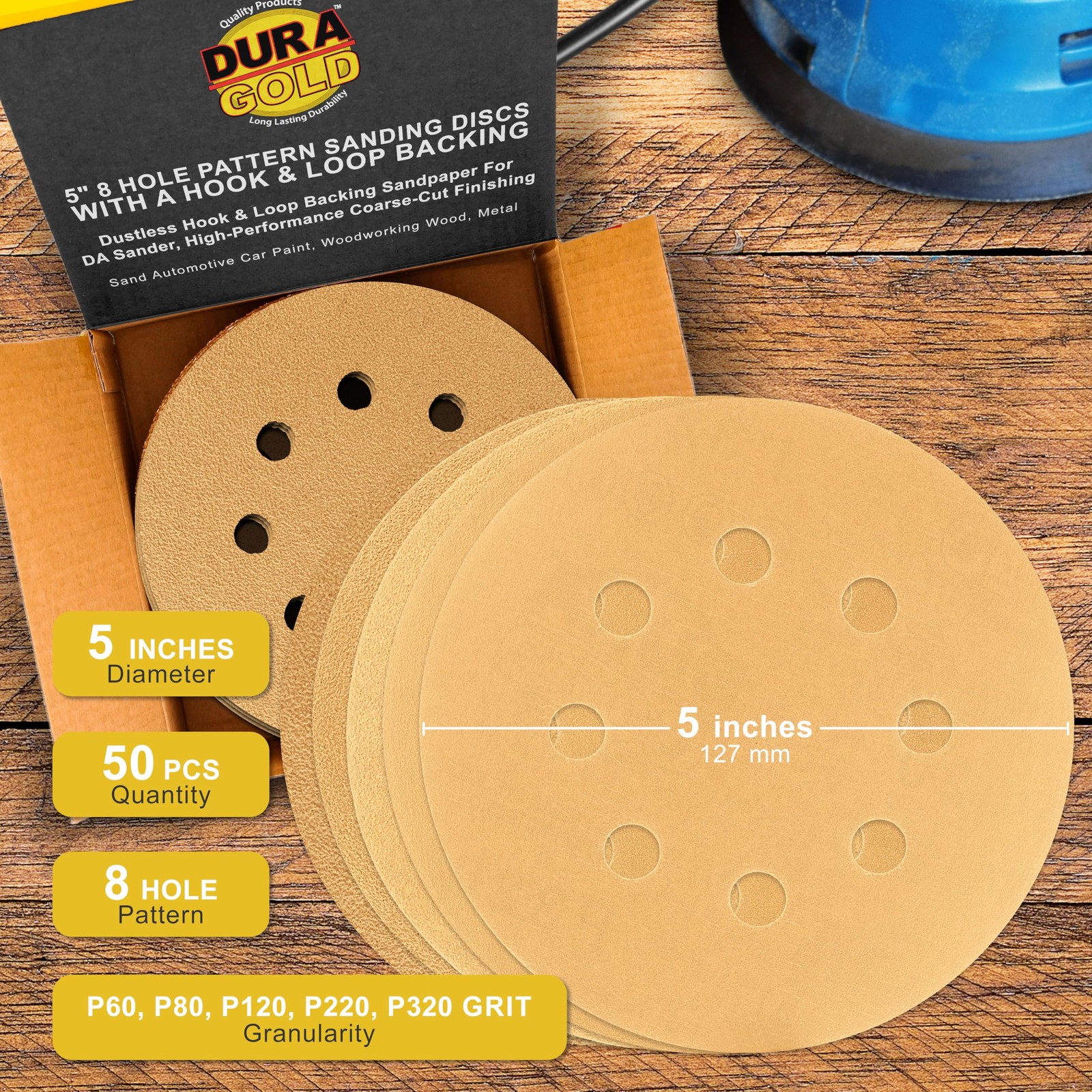 Premium – Variety Pack – 5″ Gold Sanding Discs – 8-Hole Dustless Hook and Loo…