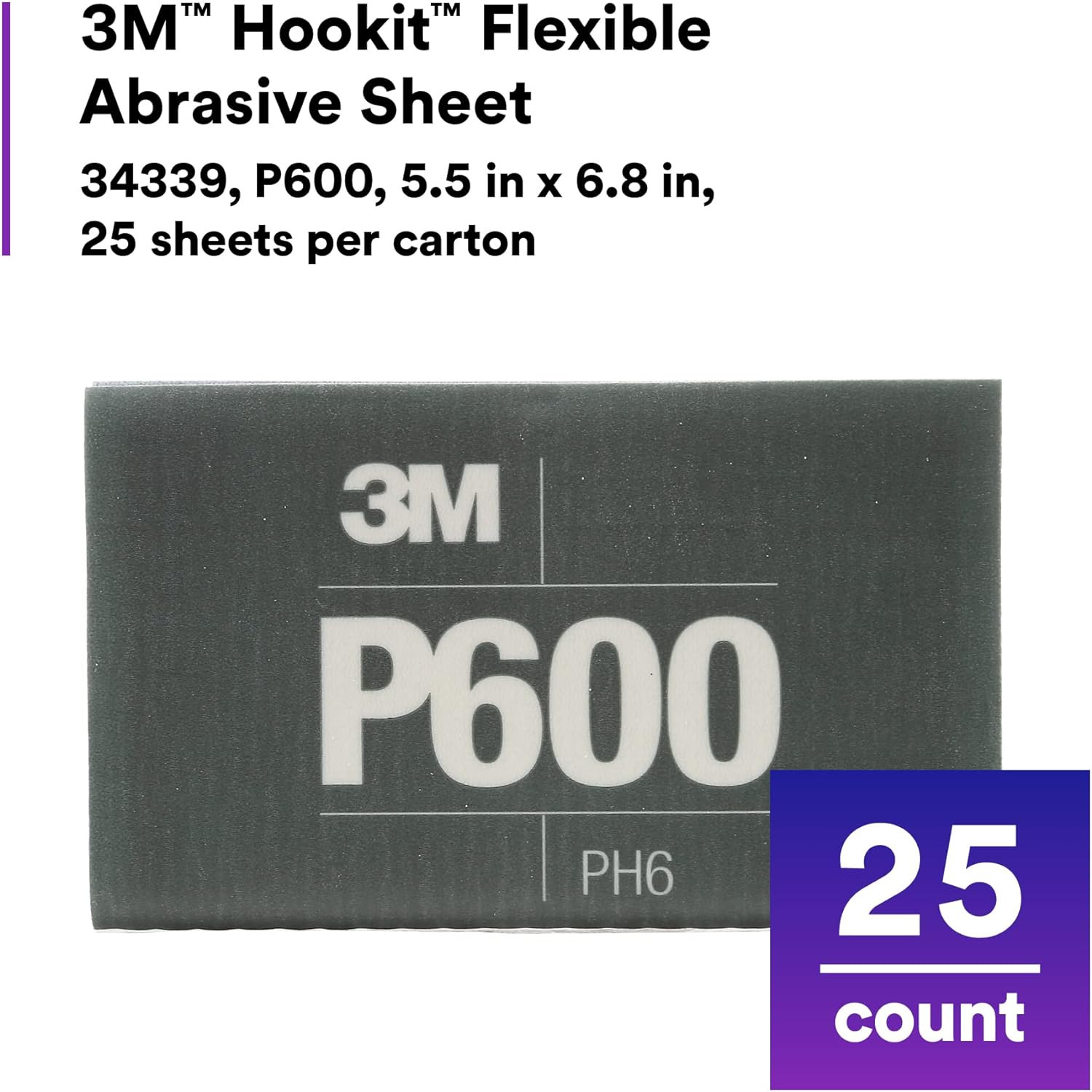 3M 34339 Flexible Abrasive Hookit Sheet, 5.5 in x 6.8 in, P600