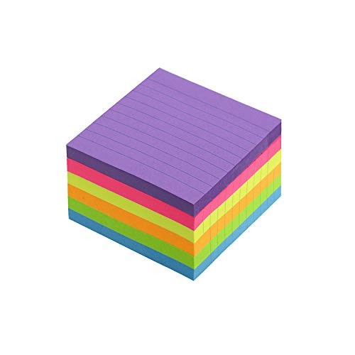 6 Bright Color Lined Sticky Notes Self-Stick Notes 3 in x 3 in, 100 3×3 in